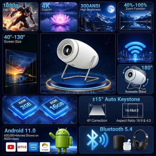 Vista 2 de 【Aplicaciones integradas】Mini proyector con WiFi y Bluetooth, proyector portátil de soporte 1080P 4K, proyector de películas para dormitorio Blanco