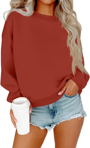 Vista 22 de Sudadera de manga larga para mujer, sudaderas de gran tamaño, ajuste holgado, color liso, tallas S-2XL