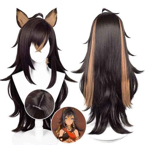 Vista 2 de Genshin Impact Cosplay Peluca para Dehya Sumeru Pelucas de anime con 2 orejas de pelo largo ondulado marrón con gorra de peluca gratis para cómic