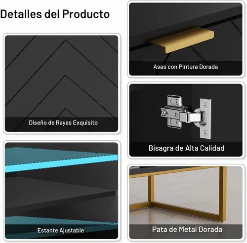 Vista 6 de Aparador moderno de 31 pulgadas con almacenamiento para sala de estar, negro y dorado