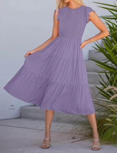 Vista 7 de MEROKEETY - Vestido midi fruncido de manga corta para mujer, vestido de verano casual, acampanado, con cintura elástica y escalonado