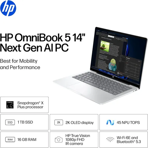 Vista 2 de HP OmniBook 5 PC AI de próxima generación de 14 pulgadas, pantalla OLED, Snapdragon X Plus X1P-42-100, 16 GB de RAM, SSD de 1 TB, GPU Qualcomm