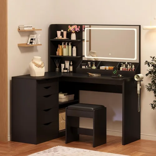 Vista 7 de Furmax Escritorio de tocador con espejo, tocador en forma de L, espejo iluminado con LED, con toma de corriente y 3 estantes de almacenamiento, mesa