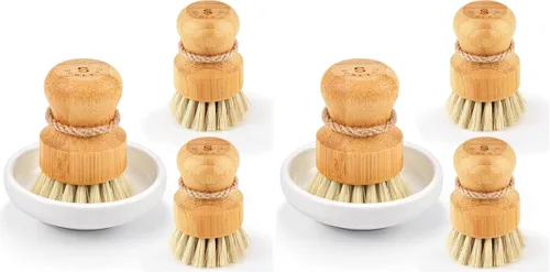 Vista 13 de SUBEKYU - Juego de cepillos de bambú para platos de cocina, juego de estropajos de limpieza de madera para lavar sartenes/ollas de hierro fundido