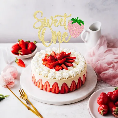 Vista 9 de Gyufise 1 pieza de fresa Sweet One Cake Topper Glitter First Birthday Strawberry Cake Pick para el tema de fruta dulce, baby shower, fiesta