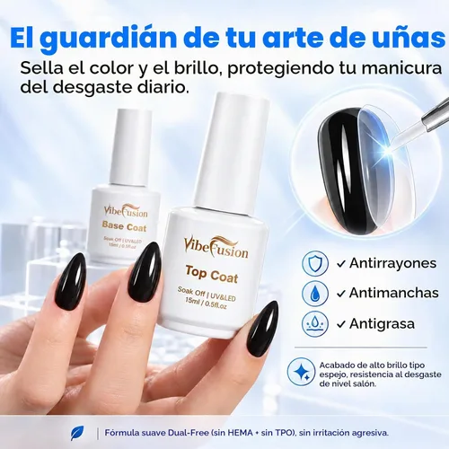 Vista 3 de VibeFusion Kit de base y capa superior de gel 2x15ml sin HEMA sin TPO Kit de gel base y capa superior: base de adhesión fuerte, parte superior