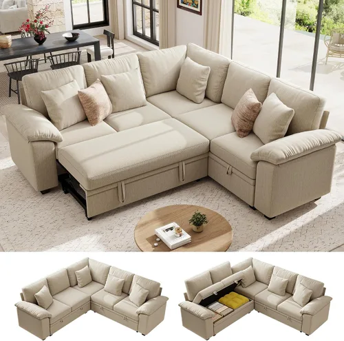 Vista 32 de Ihanherry Sofá modular de 86 pulgadas con cama extraíble, sofá cama modular en forma de L de 4 plazas con otomana de almacenamiento, sofás Verde