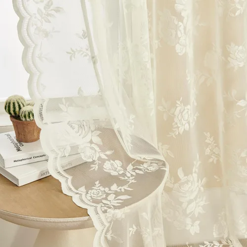 Vista 37 de Cortinas de encaje beige, juego de 2 paneles de cortinas traslúcidas con bolsillo para cortinero, decoración de ventana pequeña, baño, sótano