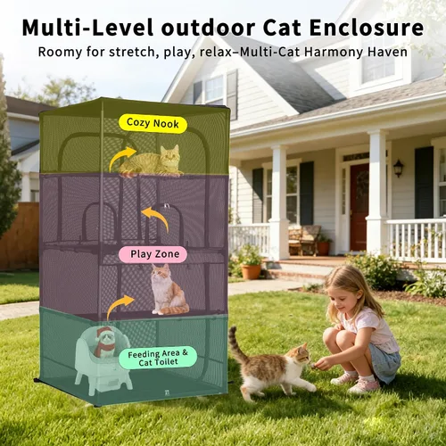 Vista 2 de Rockever Catio - Recinto para gatos al aire libre, jaula grande de 61.4 pulgadas para gatos con ventanilla, patio para gatos de 4 niveles, 6