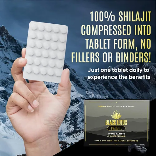 Vista 5 de Black Lotus Shilajit Tabletas de resina, 60 unidades, 200 mg cada uno, 100% Shilajit natural puro para hombres y mujeres con aminoácidos, 140 mg