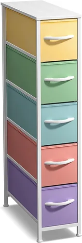 Vista 21 de Sorbus Cómoda estrecha con 4 cajones - cómoda de almacenamiento vertical delgada con marco de acero, parte superior de madera y contenedores de tela