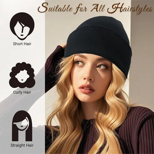 Vista 5 de NPQQUAN 2 PCS Satin Lined Beanie for Women Silk Lined Beanies Winter Warm Soft Lining Cuffed Knit Beanie Hats for Women
