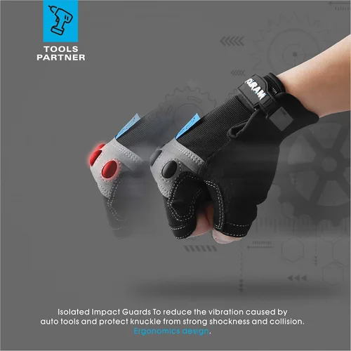 Vista 2 de FOUR-AM Guantes de trabajo para hombre, guantes mecánicos sin dedos, antichoque, anticolisión para hombres y mujeres