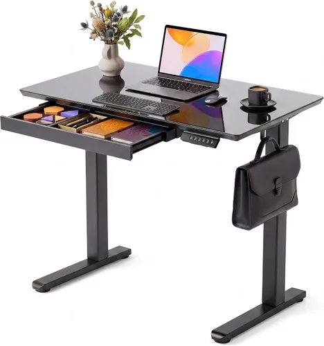 Vista 23 de INNOVAR Escritorio de pie de cristal con cajones, escritorio de pie ajustable de 32 x 19 pulgadas, escritorio de computadora de oficina en casa