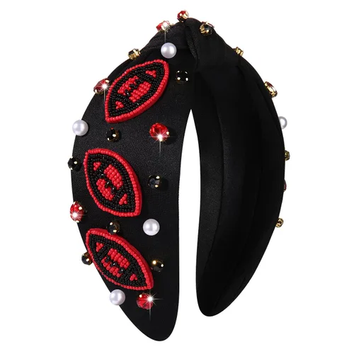 Vista 13 de Diademas anudadas de fútbol para mujer, diadema deportiva para el día del juego, diadema de cristal perlado con nudo superior ancho, accesorios