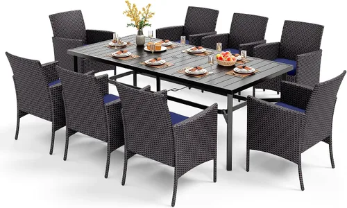 Vista 16 de PHI VILLA Juego de comedor al aire libre de 7 piezas para 6, mesa rectangular de hierro forjado de 152 cm con orificio para sombrilla y sillas