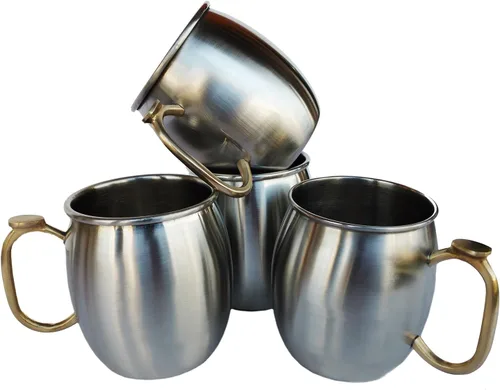 Vista 2 de Rastogi Handicrafts Juego de 4 tazas de acero inoxidable Moscow Mule de capacidad de 16 onzas, mango de latón para pulgar, taza de café frío, taza