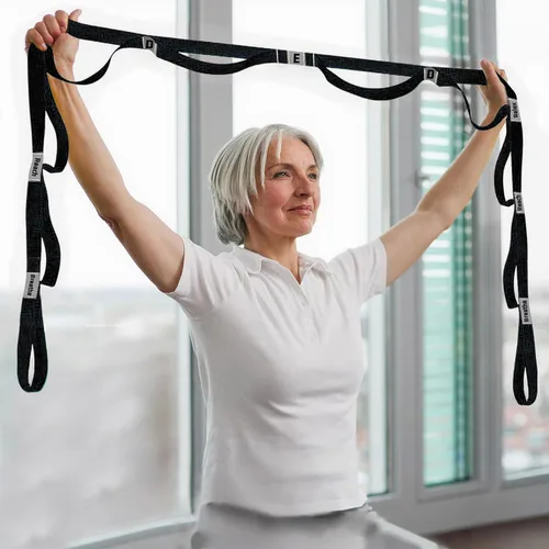Vista 6 de Correa elástica para yoga, no elástica, con letras y comentarios, 10 bucles para terapia física, ejercicio, pilates, baile, gimnasia