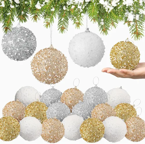 Vista 24 de Lyrow 24 piezas 3.15" Juego de adornos de bola de Navidad con purpurina, bola de espuma con lentejuelas colgante, decorativa, en masa, para árbol