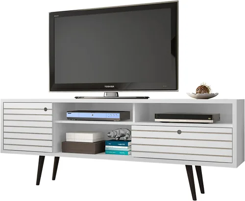 Vista 7 de Manhattan Comfort Liberty Collection - Soporte de TV moderno de mediados de siglo con un armario y dos estantes abiertos con patas abiertas, Madera