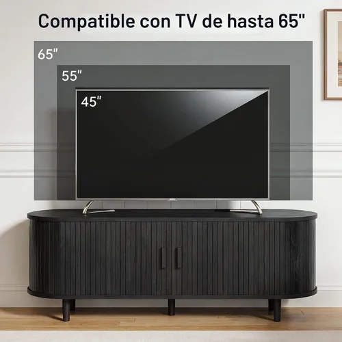 Vista 6 de Soporte de TV moderno de mediados de siglo de 58 pulgadas, consolas de TV de madera con puertas correderas y toma de corriente, centro