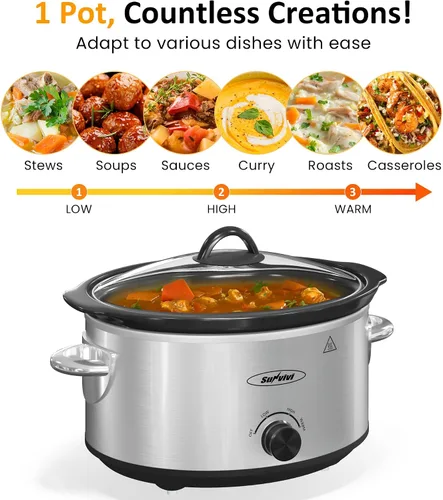 Vista 6 de Olla de cocción lenta de 4QT y calentador de alimentos mini con olla de cerámica extraíble, 3 ajustes de calor, tapa de vidrio apta para Plateado