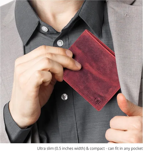 Vista 62 de Cartera delgada de cuero para hombre, bloqueo RFID, bolsillo frontal minimalista, delgada y elegante con ventana de identificación, regalo