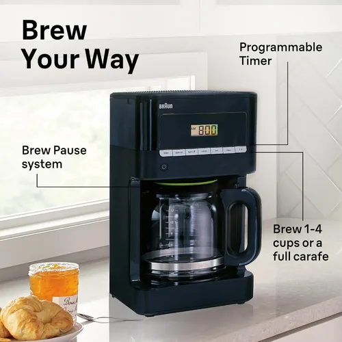Vista 4 de Braun Brew Sense Cafetera de goteo de 12 tazas - Pausa y vierte a mitad de preparación, cafetera programable con temporizador y reloj de 24 horas