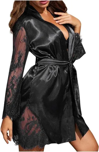 Vista 4 de compulsoryking Pijama sexy para mujer, con ribete de encaje, ropa interior de seda satinada ultrafina, bata de dormir transparente con cinturón