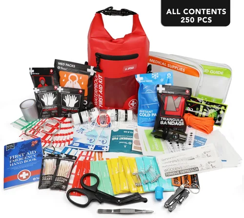 Vista 5 de Kit de primeros auxilios impermeable de 250 piezas, bolsa seca reflectante con tapa enrollable para barco, bolsas de emergencia, kit médico