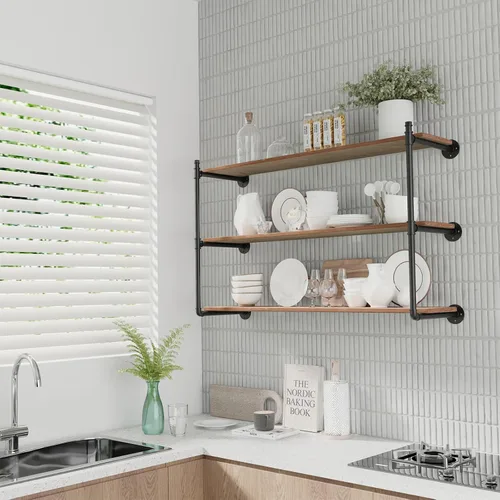 Vista 2 de Soportes de Tubo para Estantes Industriales de Montaje en Pared, Estantería Abierta de Tubo Negro para Cocina, Soportes de Estante Flotante