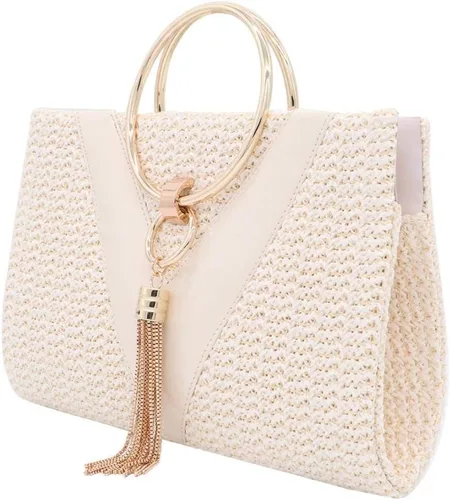 Vista 2 de Bolso de mano de paja para mujer, elegante bolso de mano de verano para playa, borlas con asa superior con cadena