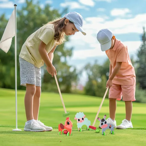 Vista 5 de TOYANDONA Juego de croquet para niños, juego de croquet de animales de madera de dibujos animados, divertidos juegos de césped para niños y niñas