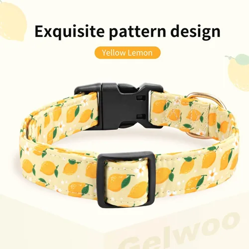 Vista 2 de Collar de algodón para perro, suave y lindo con diseño estampado de limón para hembras, hembras, machos, collar de mascota con hebilla ajustable