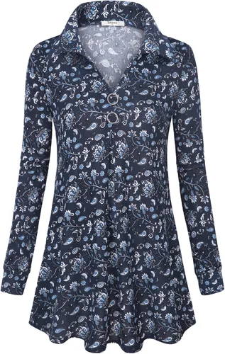 Vista 2 de Bebonnie Blusa casual de manga larga con cuello en V y solapa para mujer con botones