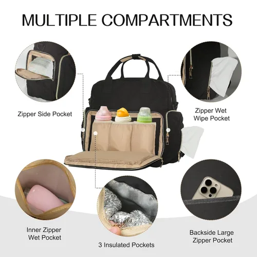 Vista 4 de Mochila grande para pañales con cambiador, pañales de viaje 6 en 1, bolsa de bebé para mamá, bolsa de hospital para mujeres, bolsa de maternidad