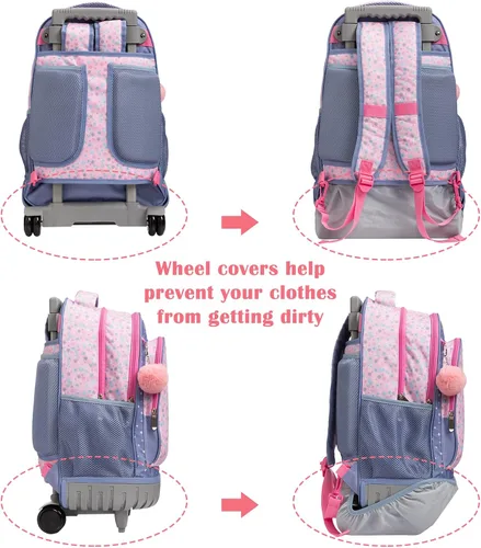 Vista 5 de SKYMOVE Mochila con ruedas de doble asa con múltiples compartimentos de 18 pulgadas para niñas, viaje de negocios, rosa (pink house), Moderno