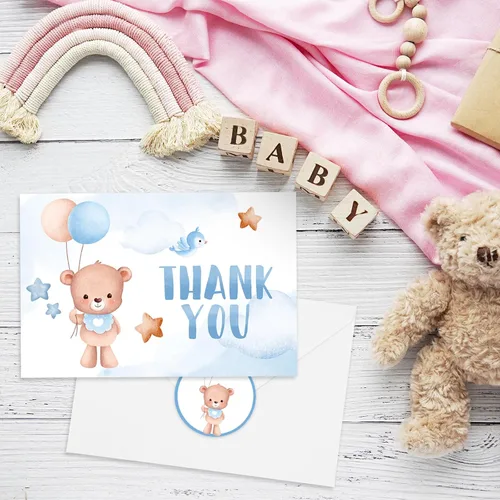 Vista 4 de AnyDesign Tarjetas de agradecimiento de oso para baby shower, paquete de 30 tarjetas de felicitación con globos de oso azul de dibujos animados