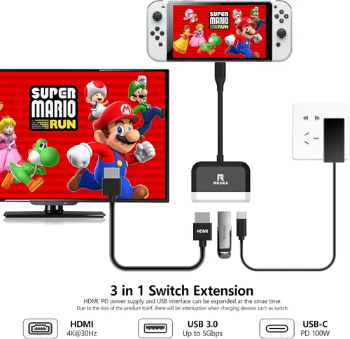 Vista 4 de Switch Dock para Nintendo SwitchOLED, base de TV portátil con puerto USB 3.0 HDMI 4K y carga USB C, base de viaje para Nintendo Switch, Samsung