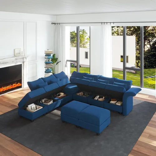 Vista 3 de LLappuil Sofá modular modular en forma de L con diván reversible convertible de 5 plazas con almacenamiento para sala de estar, color azul