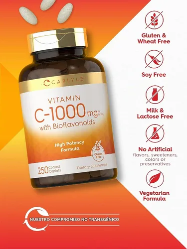 Vista 5 de Carlyle Vitamina C 1000mg con Bioflavonoides 250 Comprimidos con Escaramujo Suplemento Vegetariano, Sin OMG, Sin Gluten