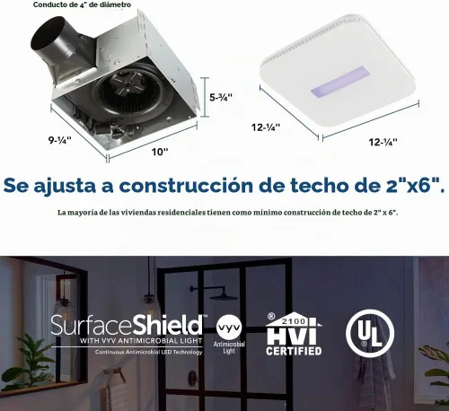 Vista 2 de Broan-NuTone AR110LKVV SurfaceShield Vital Vio Ventilador de escape con alimentación LED Luz blanca y luz violeta, 110 CFM, blanco