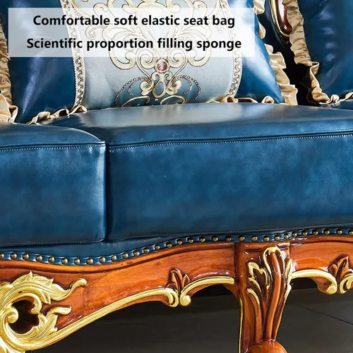 Vista 4 de Sofá de cuero de estilo europeo, sofá de lujo de estilo americano tallado en madera maciza, muebles de sala de estar, sofá individual combinado es