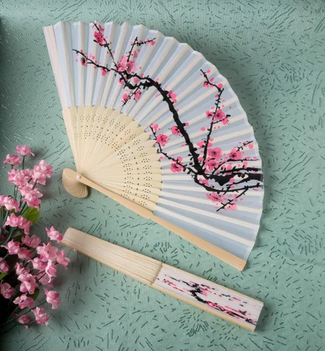 Vista 2 de Abanico plegable seda delicado diseño flor de cereza., talla única