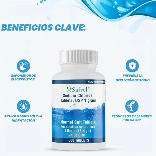 Vista 2 de Safrel Tabletas de cloruro de sodio de 0.04 oz, USP 300 unidades Tabletas de sal normales (0.54 oz) Bebida hidratante reabastecedora