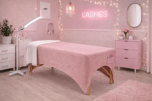 Vista 2 de Funda de terciopelo rosa para mesa de masaje, cama elástica para pestañas y mesa de masaje con corte de pierna y bolsillo, se adapta a mesas de 72 a