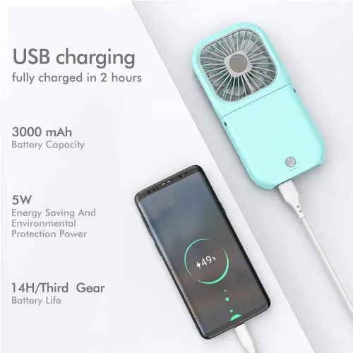 Vista 4 de Ventilador portátil para el cuello mini, silencioso, de mano, personal, plegable, recargable por USB, operado para el hogar, oficina, exteriores
