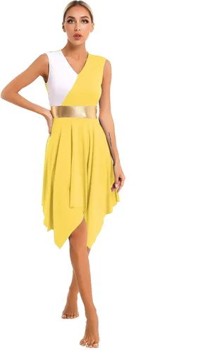 Vista 14 de Vestido de mujer de alabanza litúrgica con bloques de color, sin mangas, con dobladillo irregular, de estilo lírico para danza Borgoña