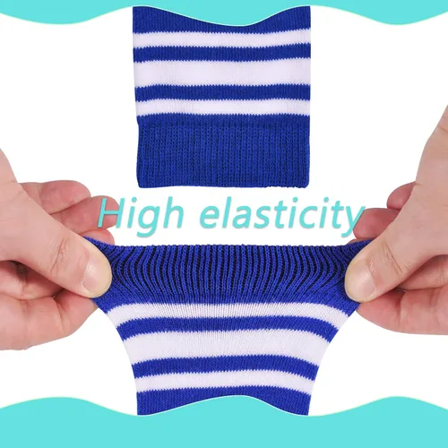 Vista 5 de LO SHOKIM Calcetines hasta la rodilla para niños pequeños, calcetines de fútbol para niñas, tres rayas sobre la pantorrilla, uniforme escolar