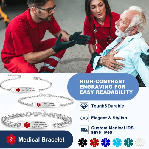 Vista 5 de Kurafeel Pulseras de alerta médica personalizadas para mujeres, hombres y niños, cadena cubana grande de 0.315in, pulseras de identificación médica